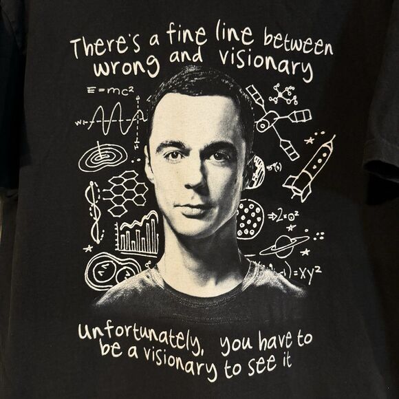 Big Bang Theory Sheldon SS T-Shirt Black Fine Line Between Wrong  & Visionary - Picture 2 of 5